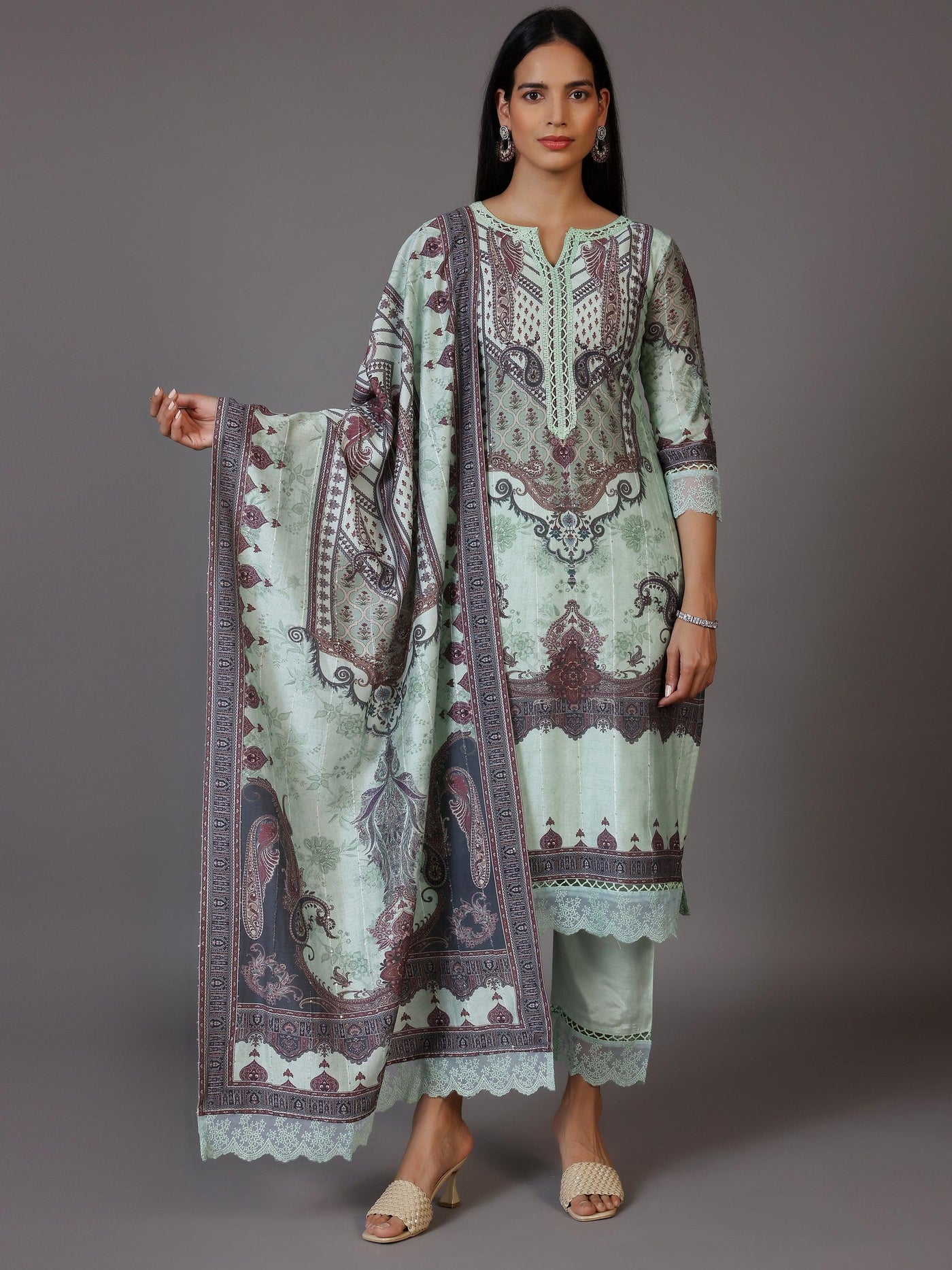 Green Printed Silk Blend Straight Suit With Dupatta - Libas