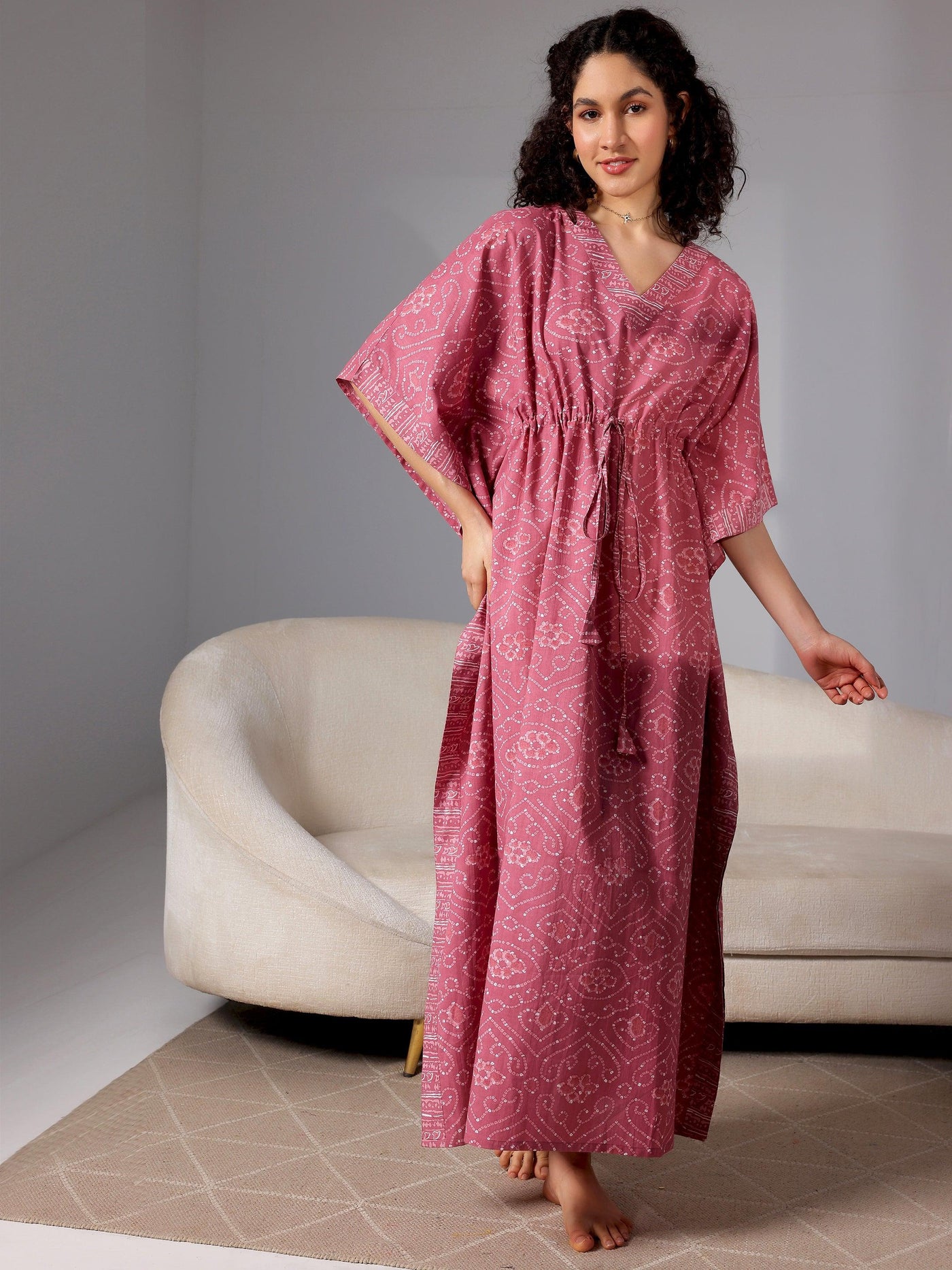 Mauve Printed Cotton Kaftan Night Dress - Libas