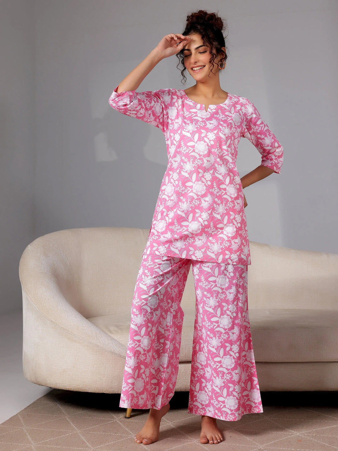 Pink Printed Cotton Night Suits - Libas 