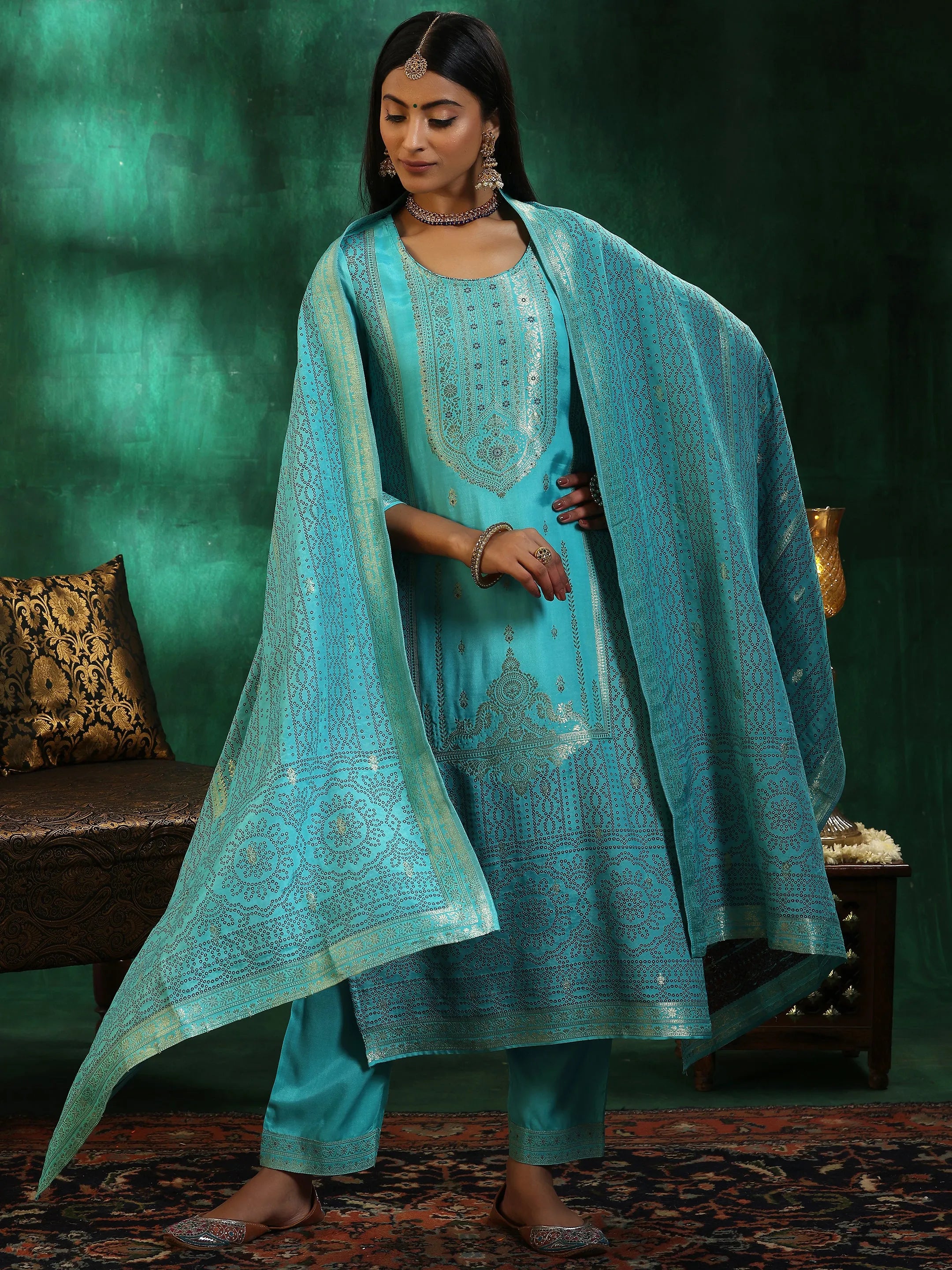 libas Turquoise Blue Woven Design Silk Blend Straight Suit With Dupatta-picture-18