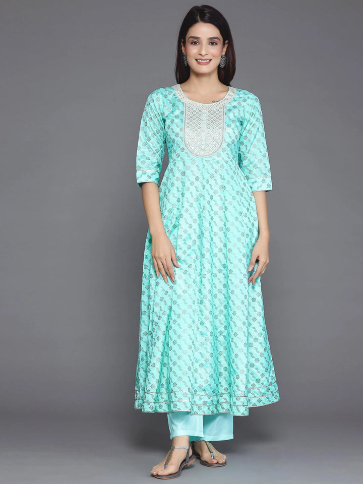 Blue Printed Silk Blend A-Line Kurta With Palazzos - Libas