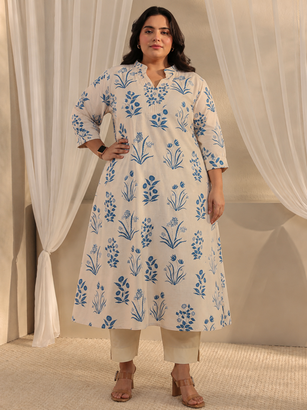  Plus Size Off White Floral Printed Cotton A-Line Kurta 