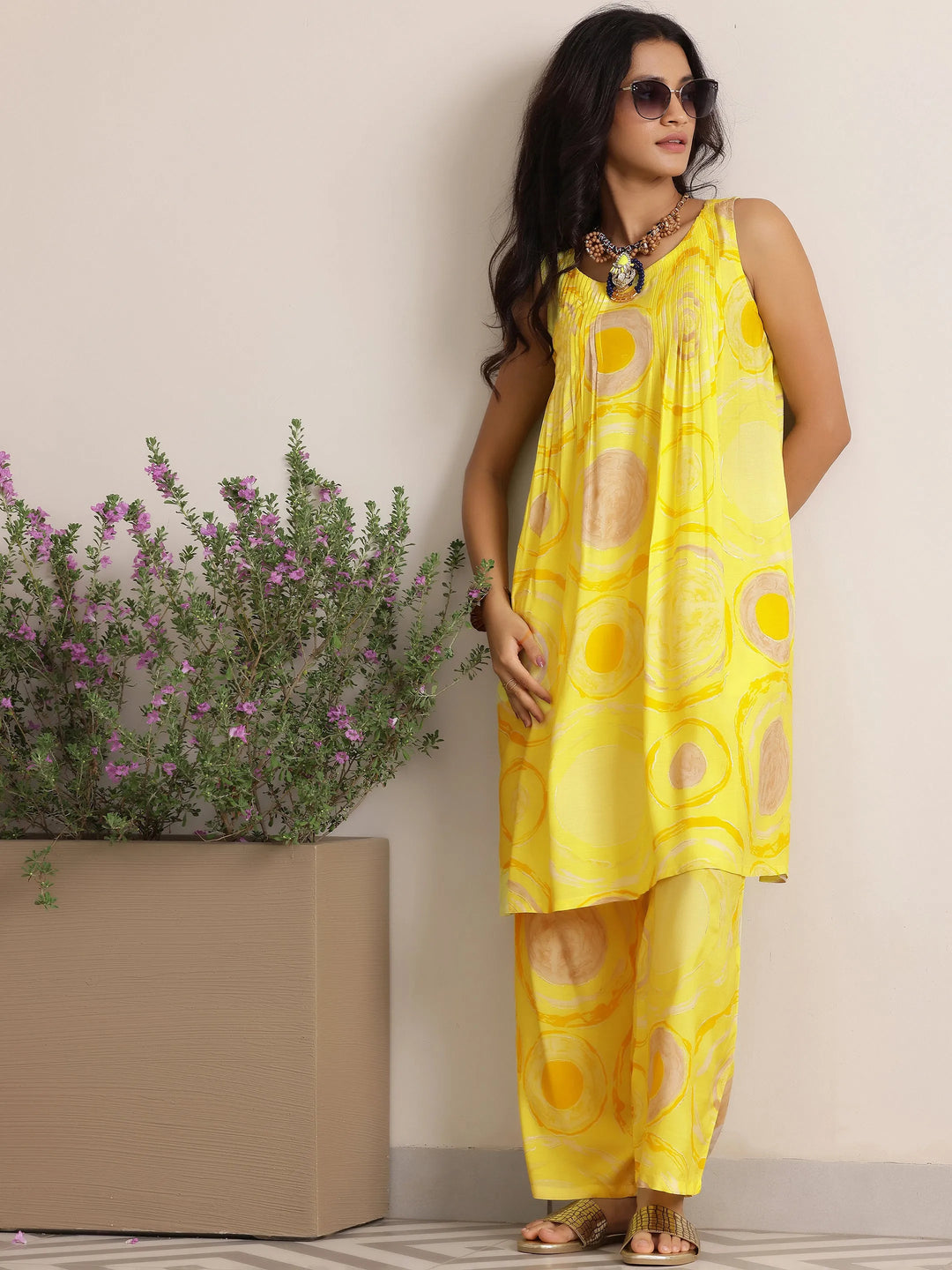  Yellow Printed Silk Blend Co-Ords 