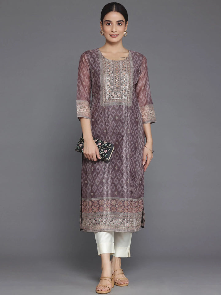 Brown Embellished Chanderi Silk Straight Kurta - Libas