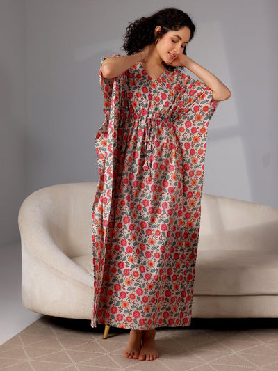 Beige Printed Cotton Kaftan Night Dress - Libas