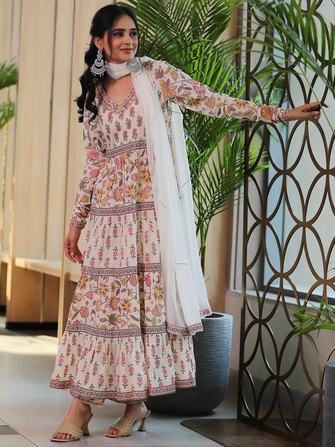 Off white Printed Cotton A-Line Kurta With Palazzos & Dupatta - Libas
