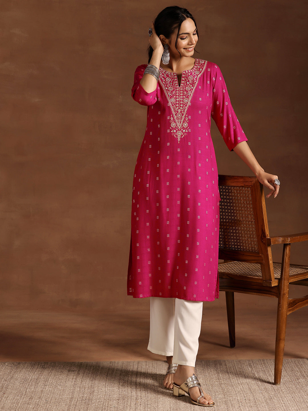  Pink Woven Design Rayon Straight Kurta 