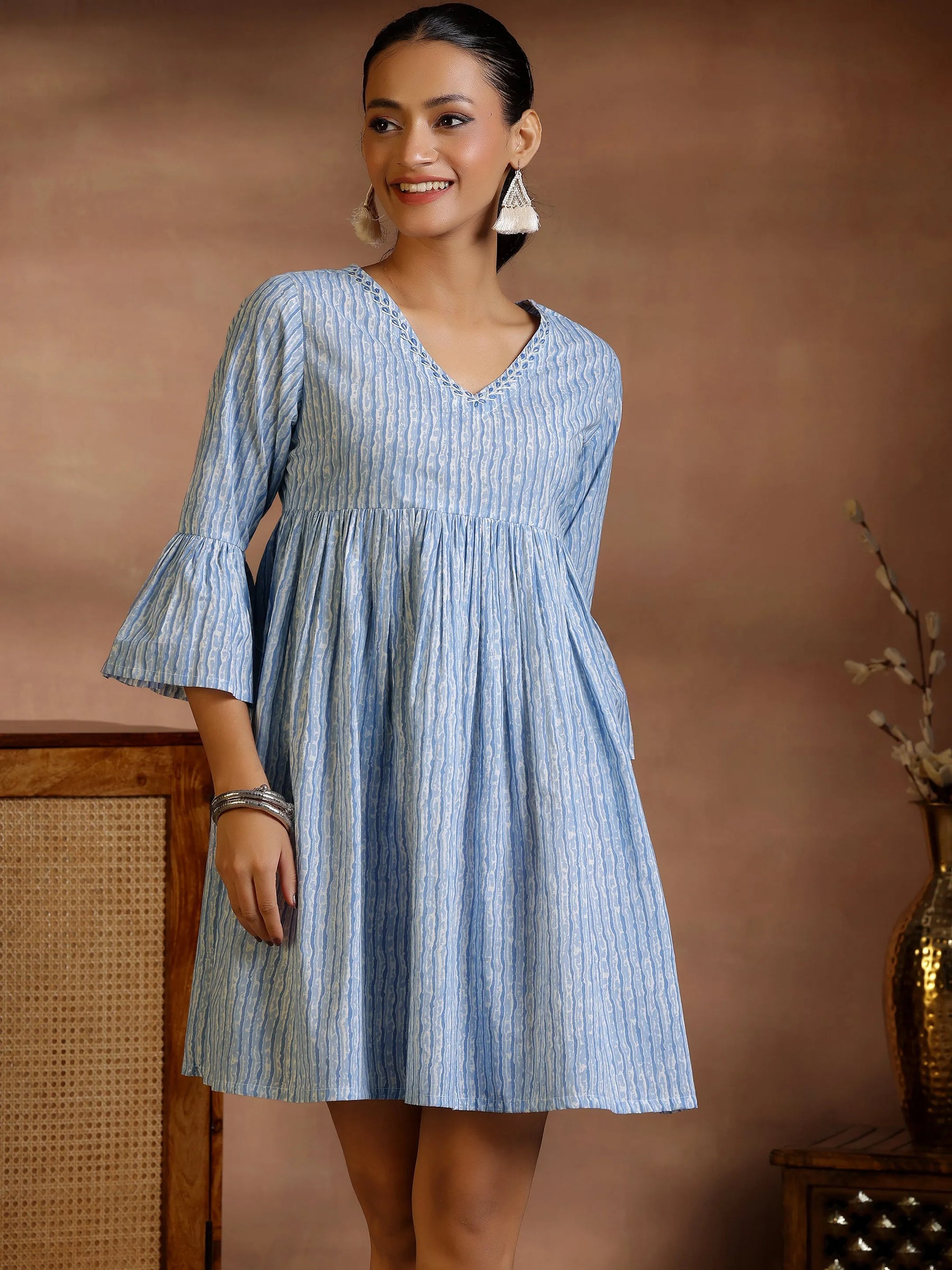 Off White Printed Cotton Fit and Flare Dress