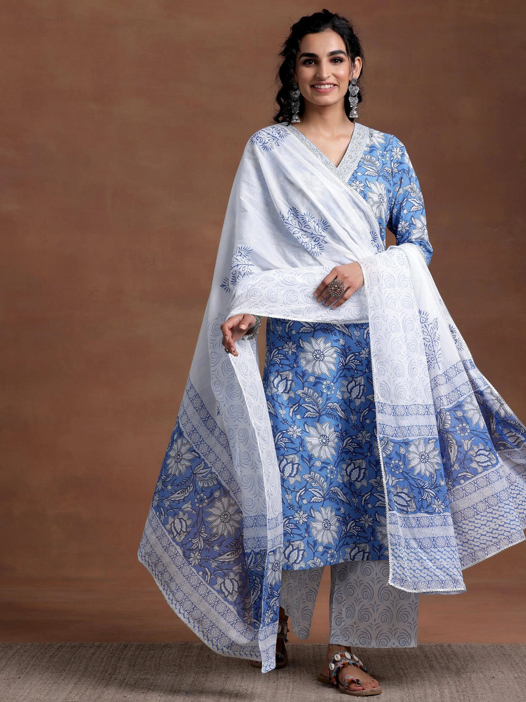 Blue Printed Cotton Straight Suit With Dupatta - Libas 