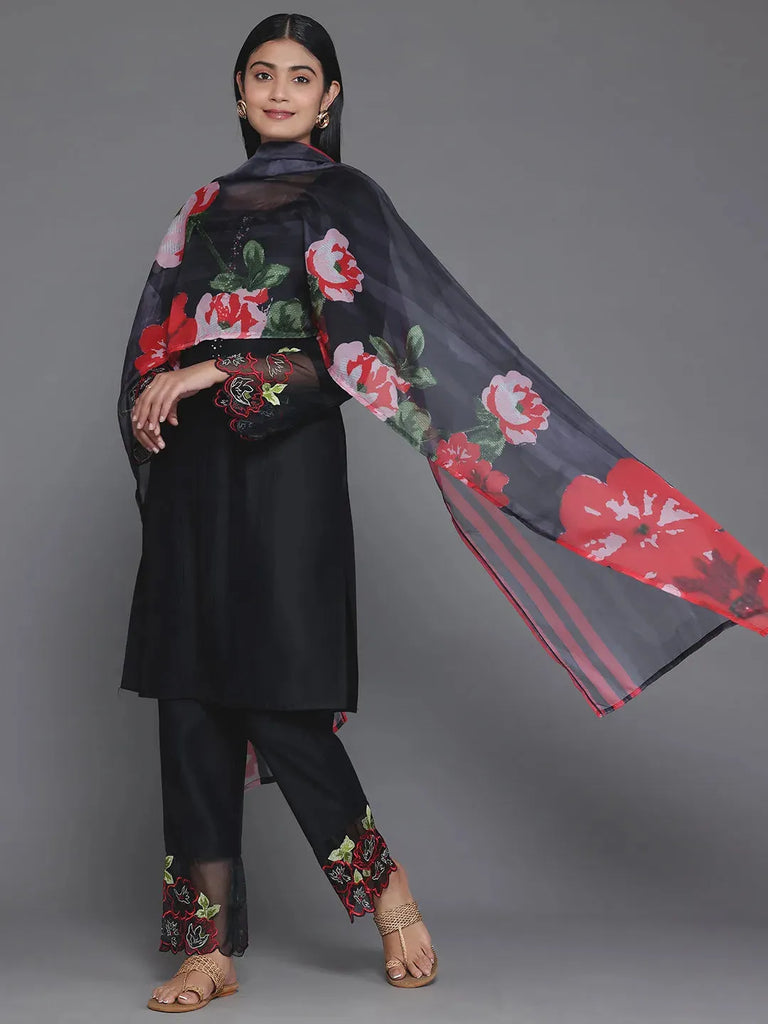 Libas Black Solid Silk Blend Straight Suit With Dupatta