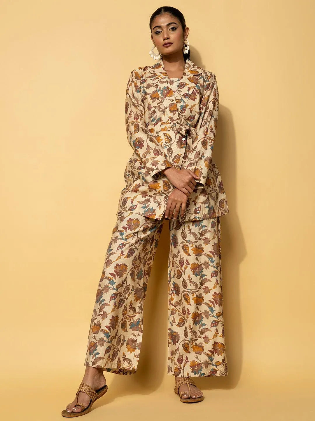 Beige Printed Silk Blend Co-Ords - Libas 