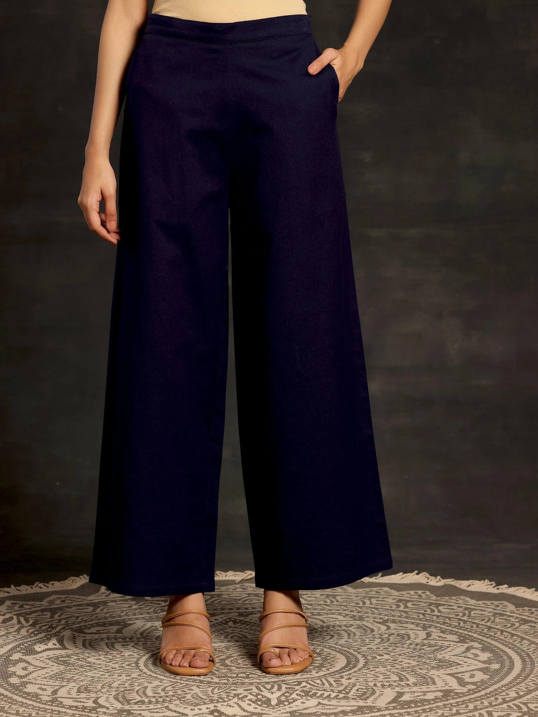 Navy Blue Solid Cotton Palazzos - Libas 