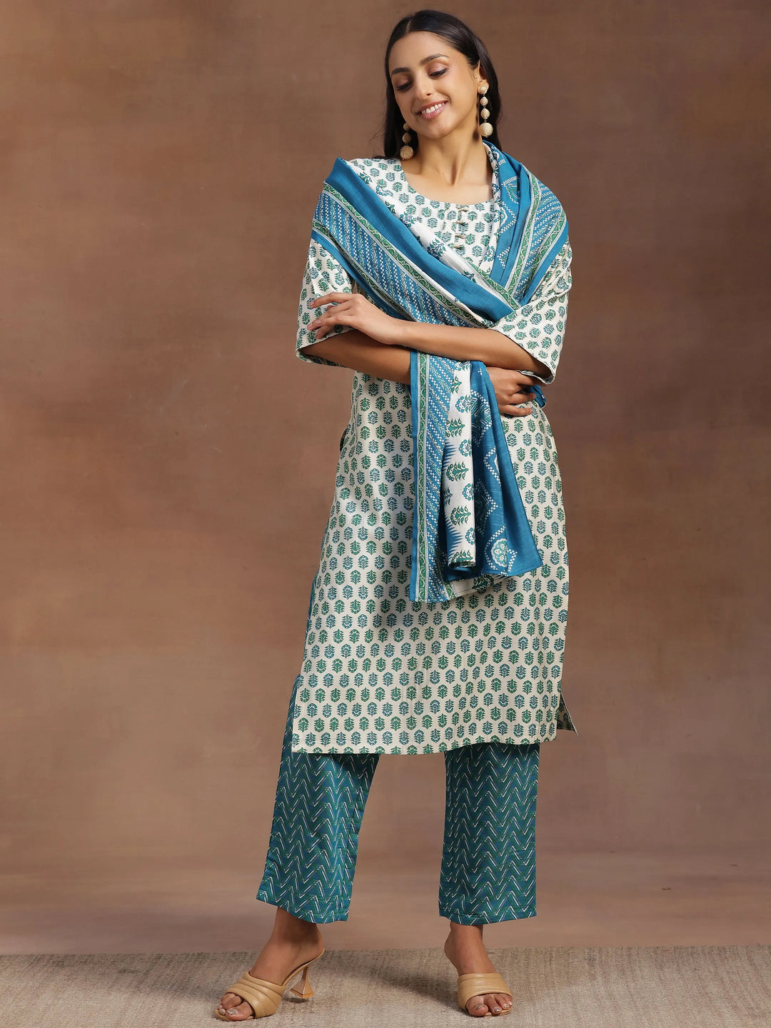  Beige Printed Silk Blend Straight Suit With Dupatta 