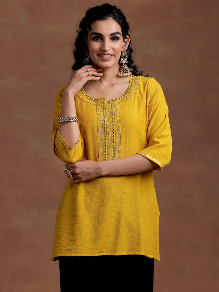 Libas Mustard Self Design Cotton Blend Kurti