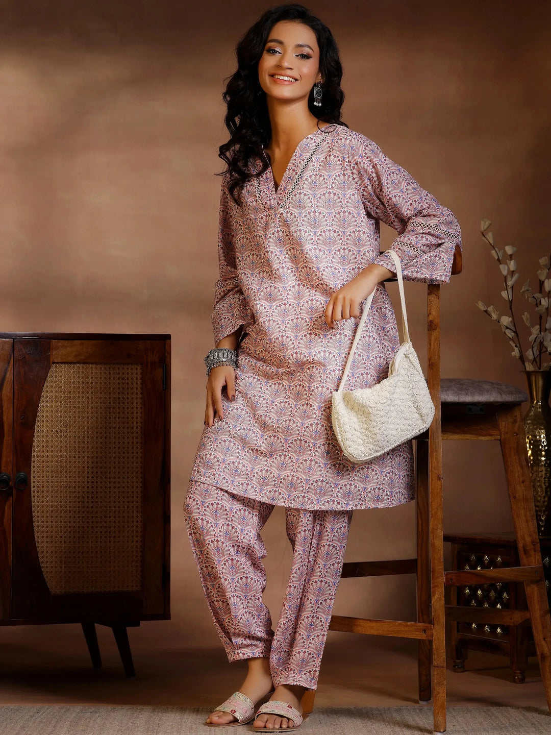  Beige Printed Cotton Straight Kurta Set 