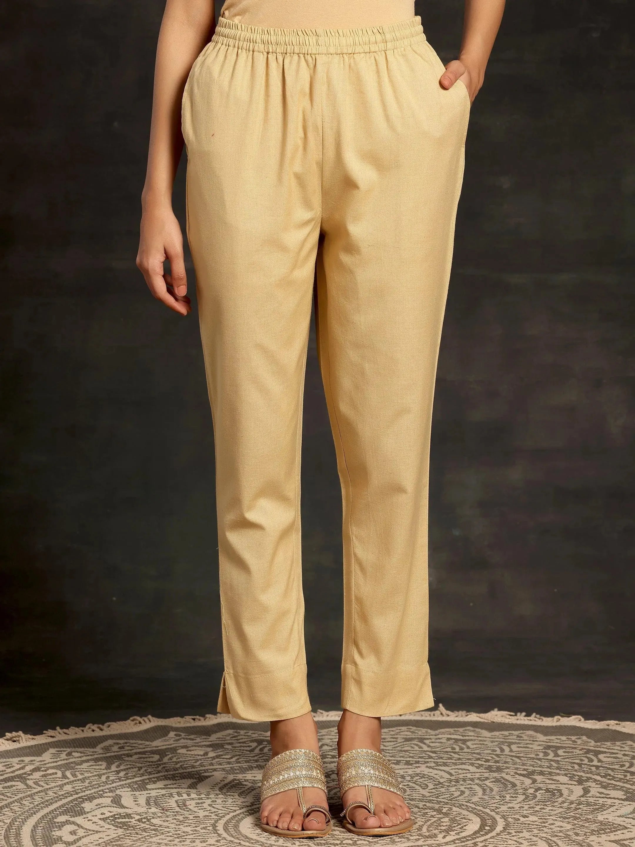 Cream Solid Cotton Straight Fit Trousers-image-2