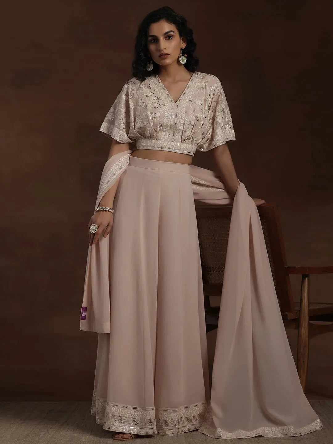Libas Art Beige Printed Poly Georgette 3 Piece Co-Ords