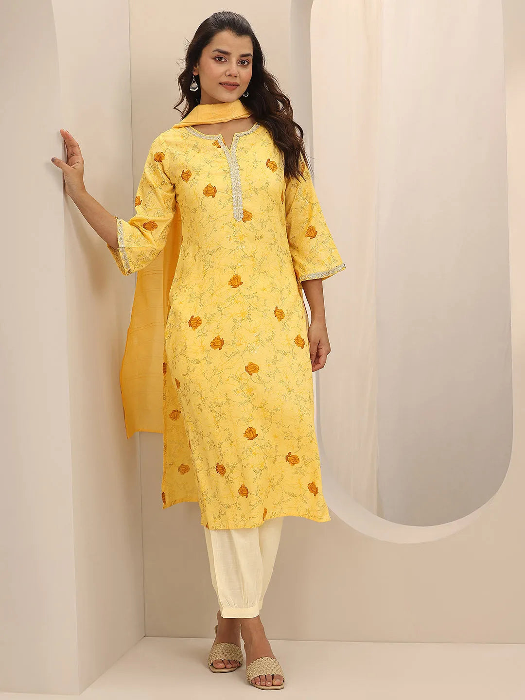 Yellow Printed Cotton Blend Straight Suit Set With Dupatta 