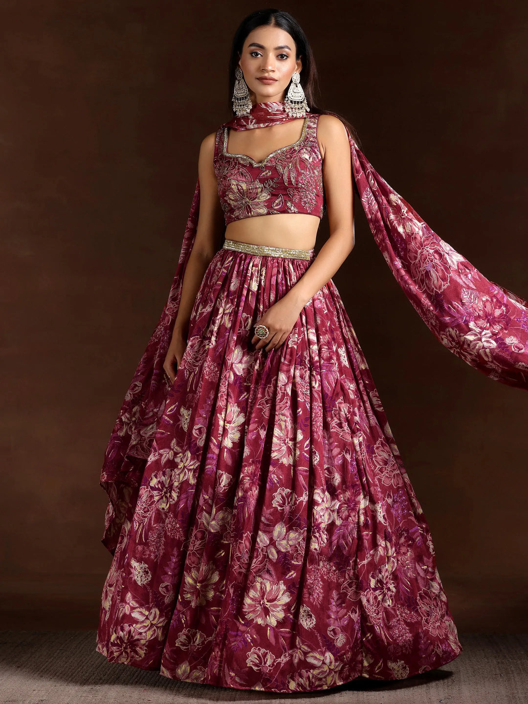  Libas Art Maroon Hand Embroidered Chinon Chiffon Lehenga Set 