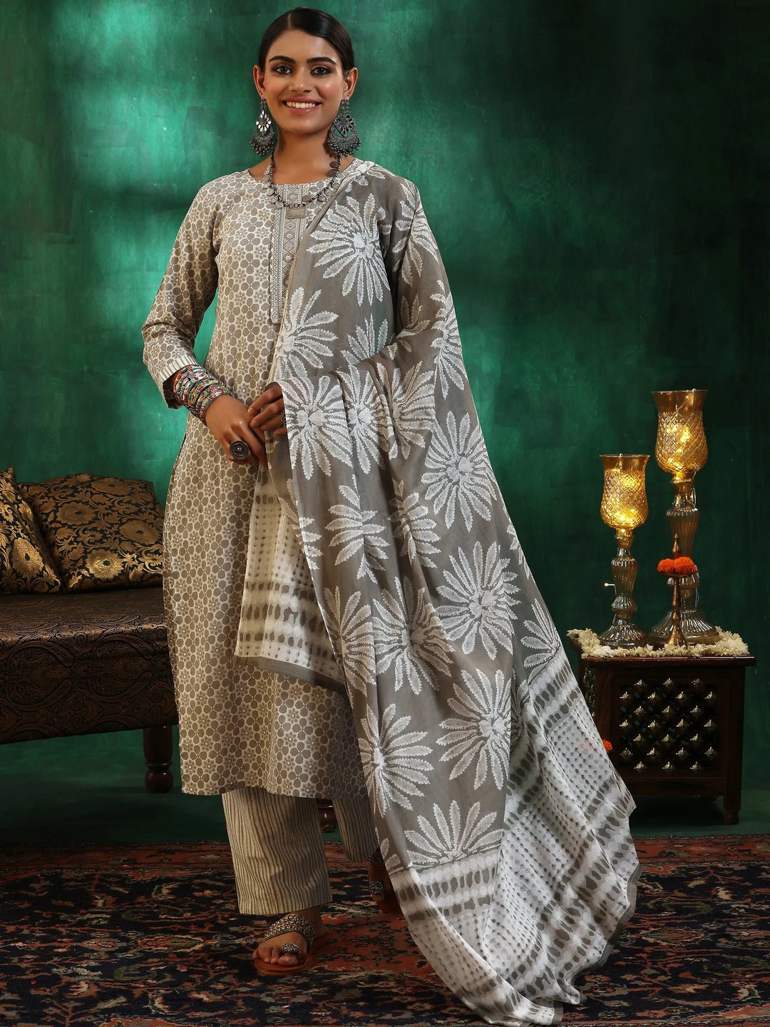  Grey Printed Cotton Straight Suit With Dupatta 