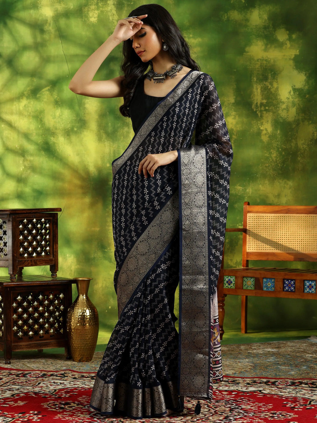 Blue Printed Silk Blend Saree With Unstitched Blouse Piece - Libas 