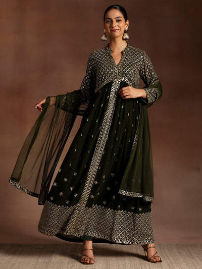 Olive Embroidered Georgette A-Line Kurta With Trousers & Dupatta - Libas