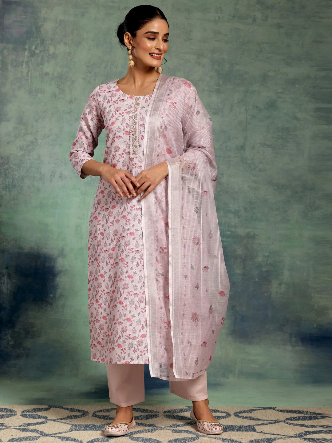 Lilac Printed Cotton Straight Suit With Dupatta - Libas 