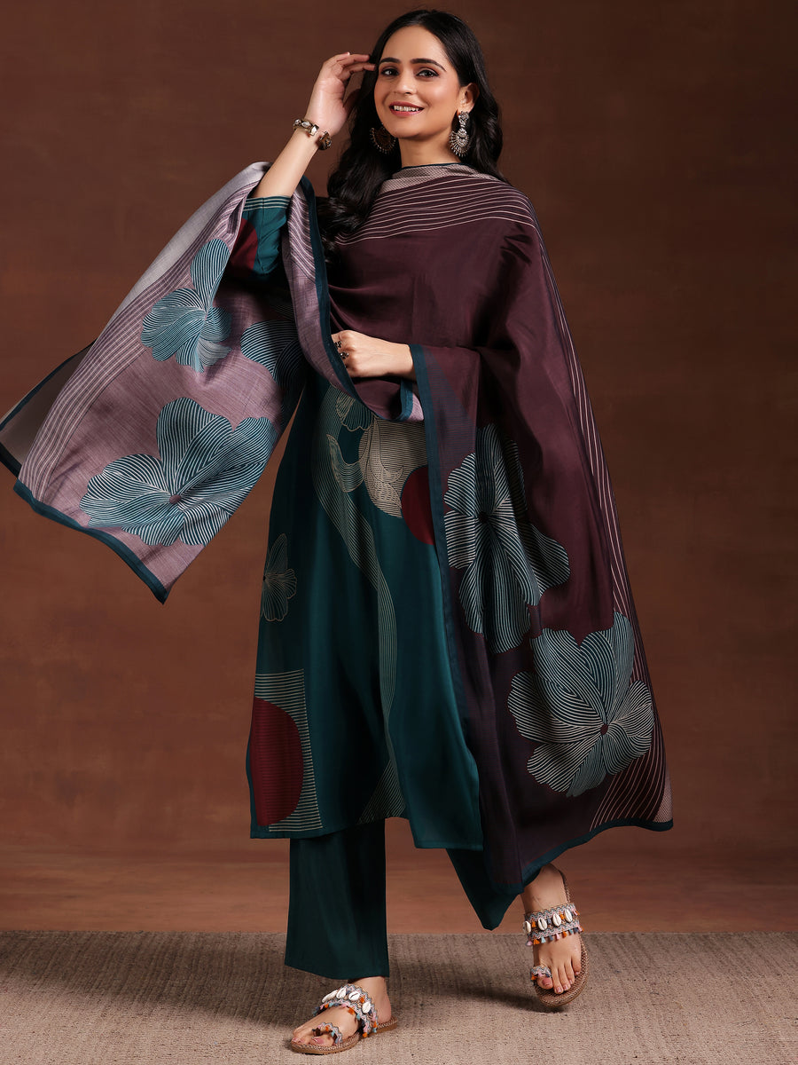 Teal Printed Cotton Blend Straight Suit With Dupatta