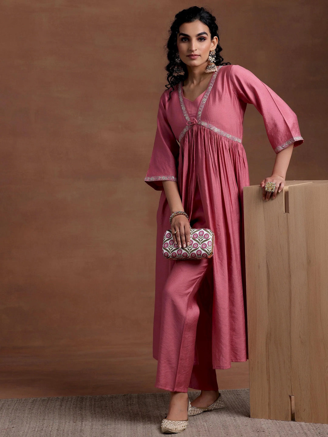 Peach Solid Silk Blend A-Line Kurta With Trousers - Libas