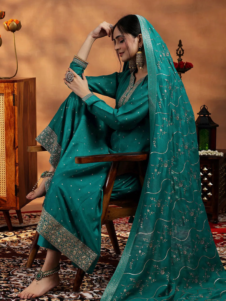 Libas Rama Green Embroidered Silk Blend Anarkali Suit With Dupatta