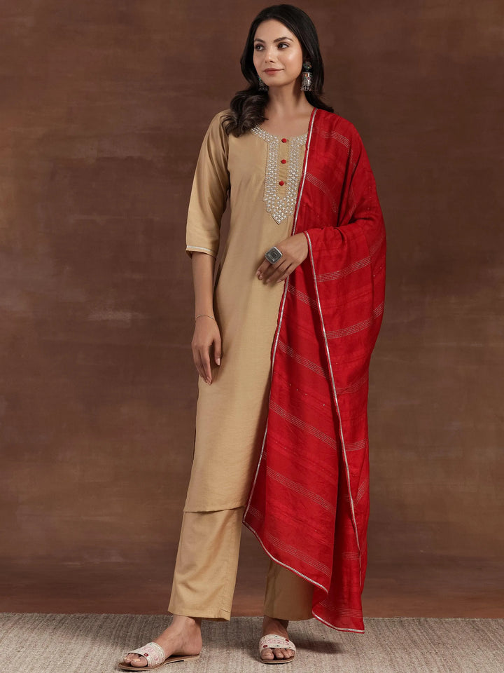 Beige Yoke Design Silk Blend Straight Kurta With Trousers & Dupatta - Libas