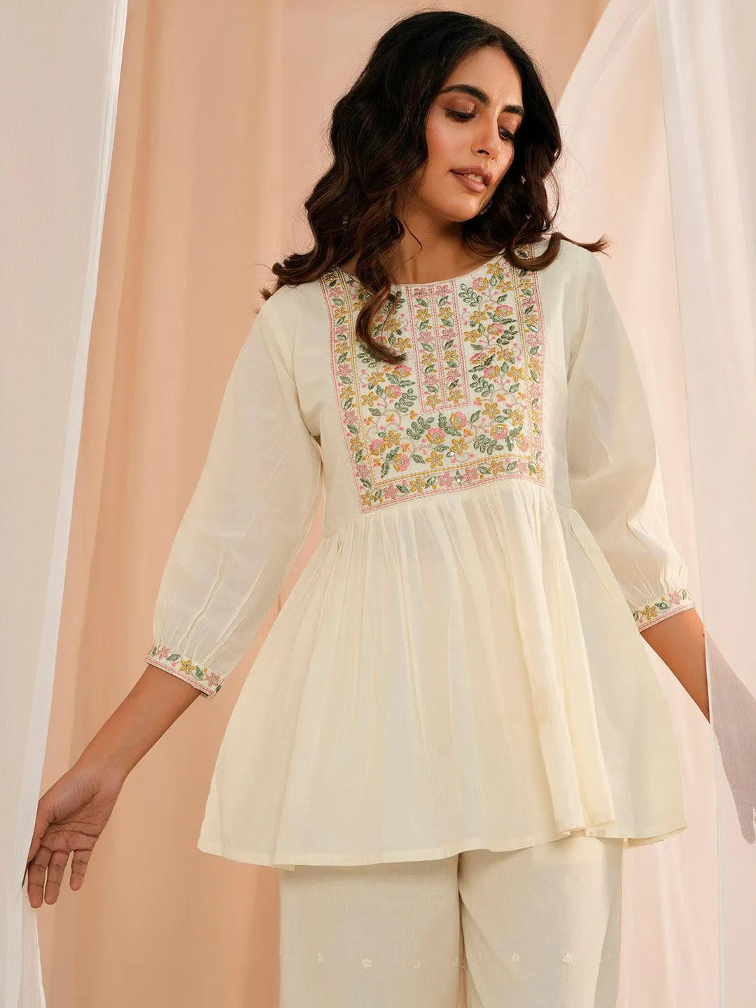 Off White Yoke Design Cotton A-Line Kurti - Libas