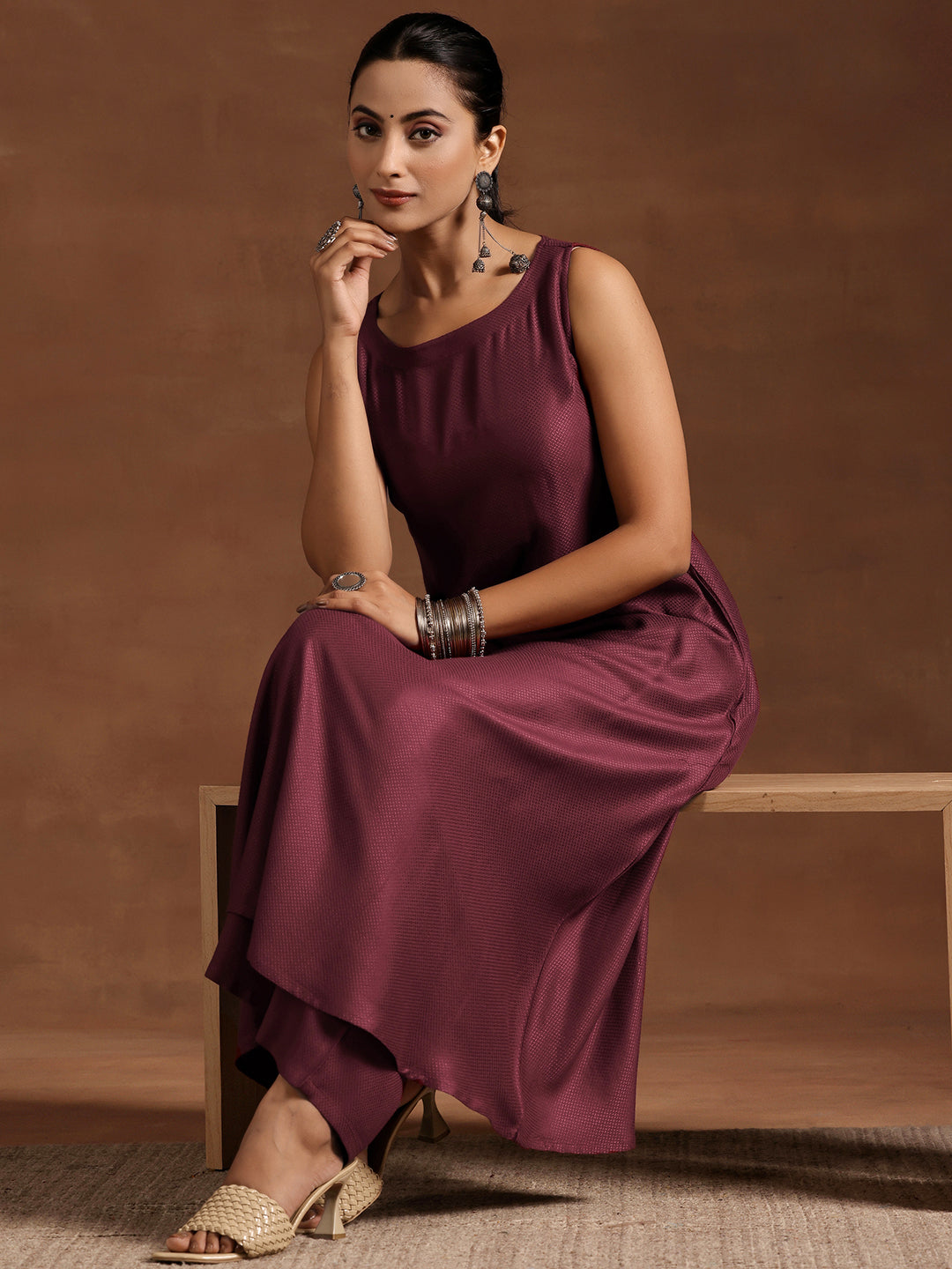 libas Wine Woven Design Silk Blend A-Line Kurta With Palazzos-picture-44