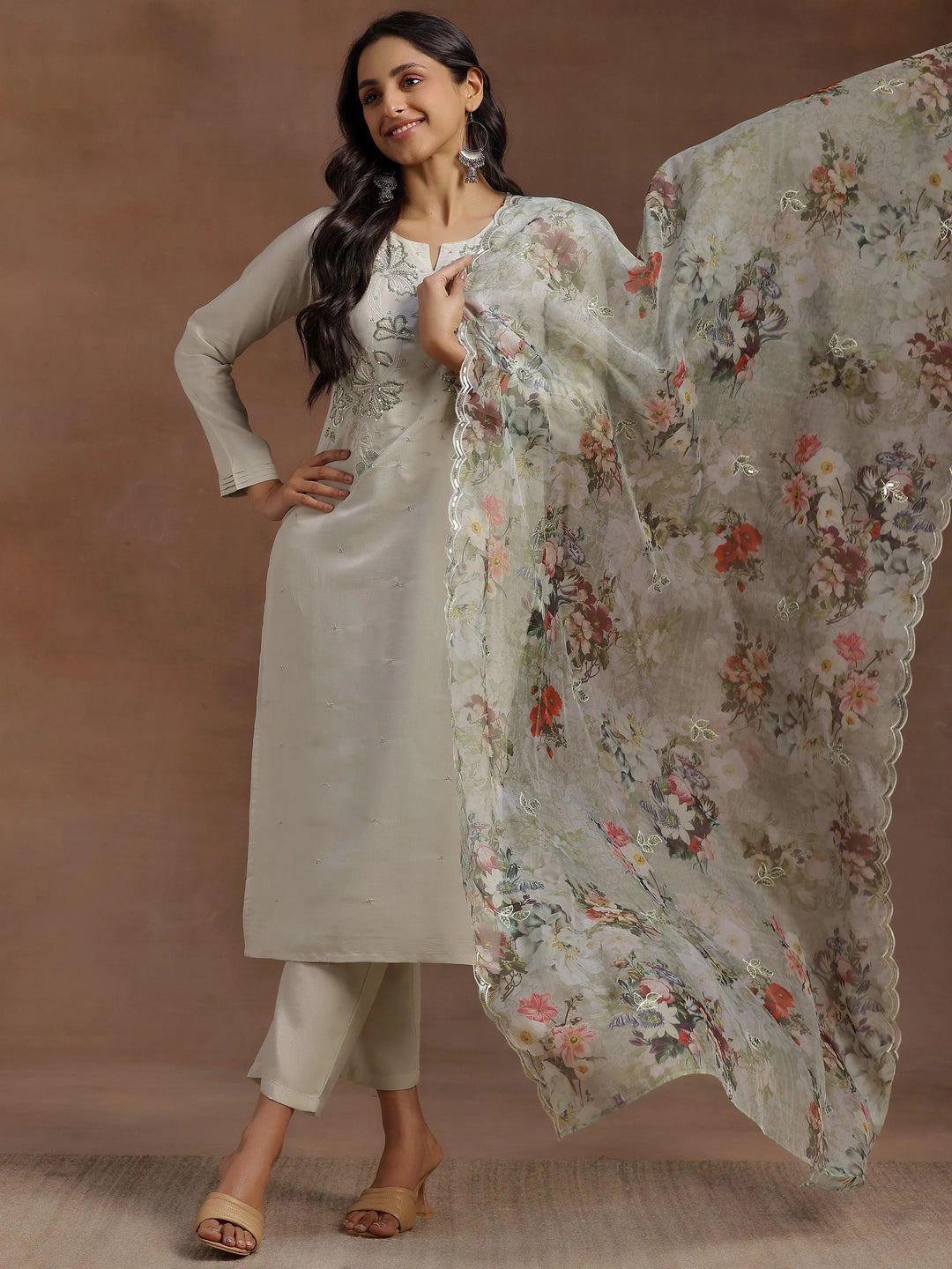 Green Yoke Design Silk Blend Straight Suit With Dupatta - Libas 