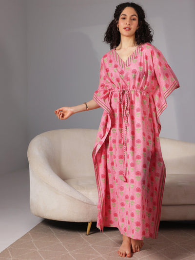 Pink Printed Cotton Kaftan Night Dress - Libas
