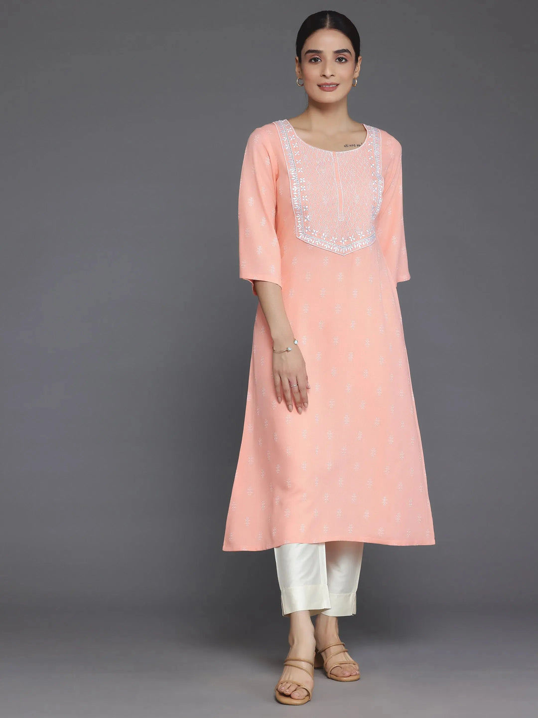  Peach Woven Design Rayon Straight Kurta 