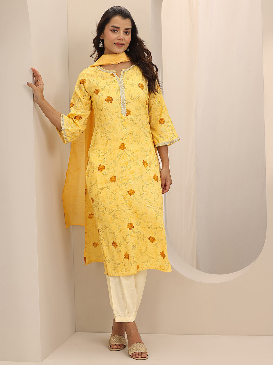  Yellow Printed Cotton Blend Straight Suit Set With Dupatta 