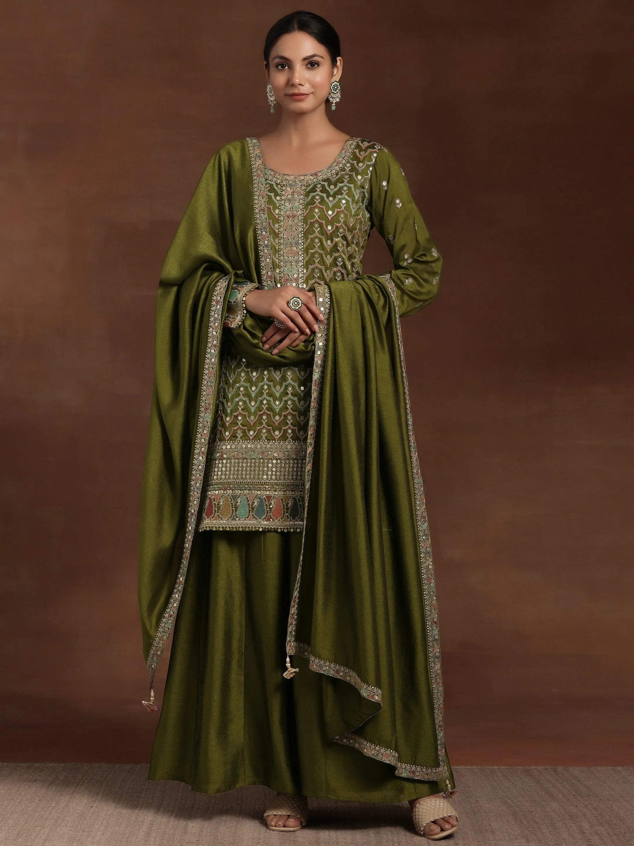 libas Adaa Olive Embroidered Silk Blend Straight Kurta With Palazzos & Dupatta-picture-25
