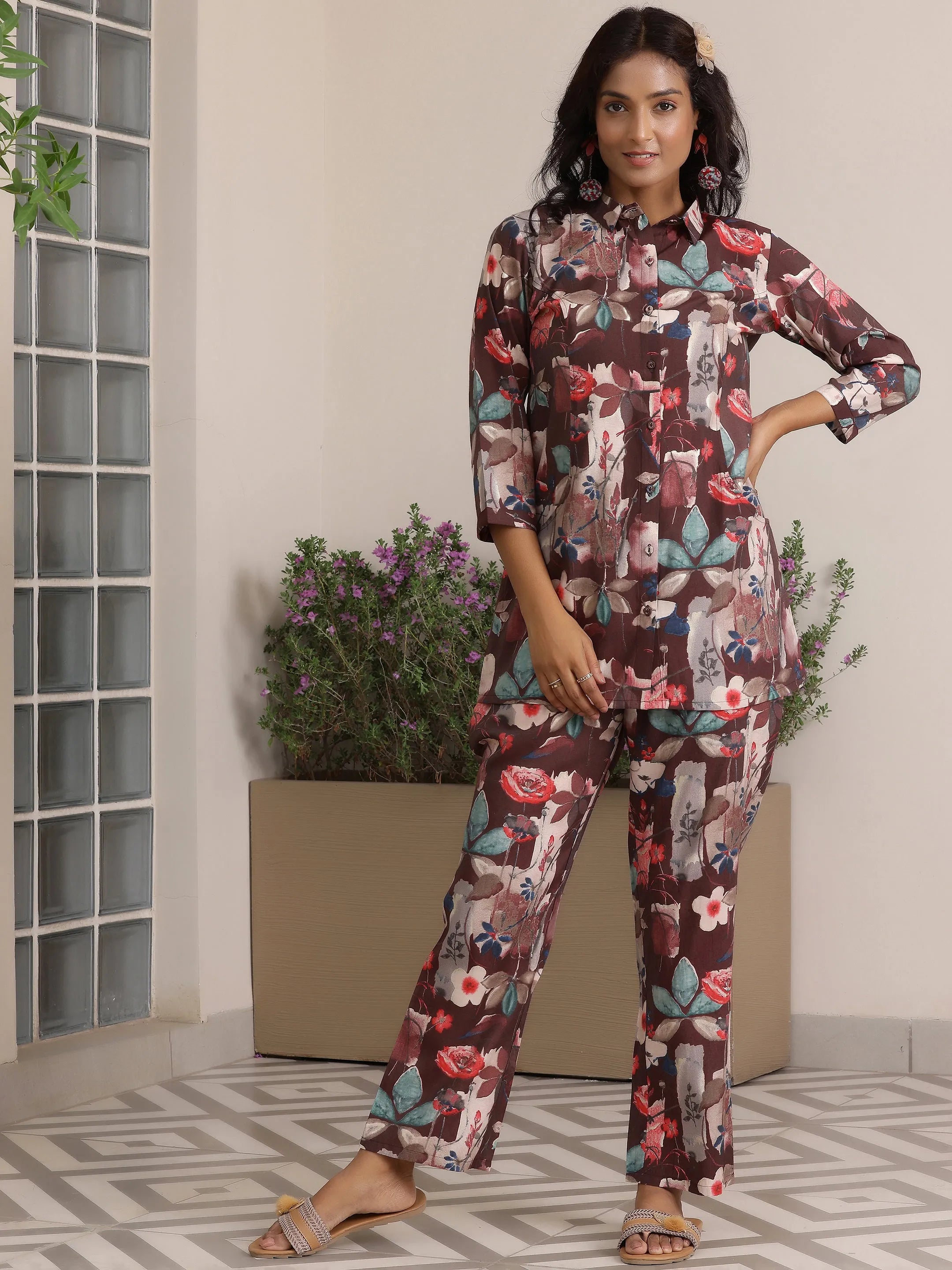 Brown Printed Silk Blend Co-Ords-image-49
