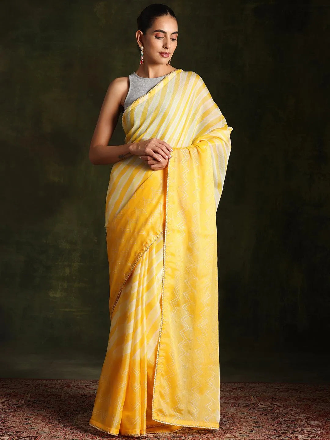 Yellow Printed Silk Blend Saree With Unstitched Blouse Piece - Libas