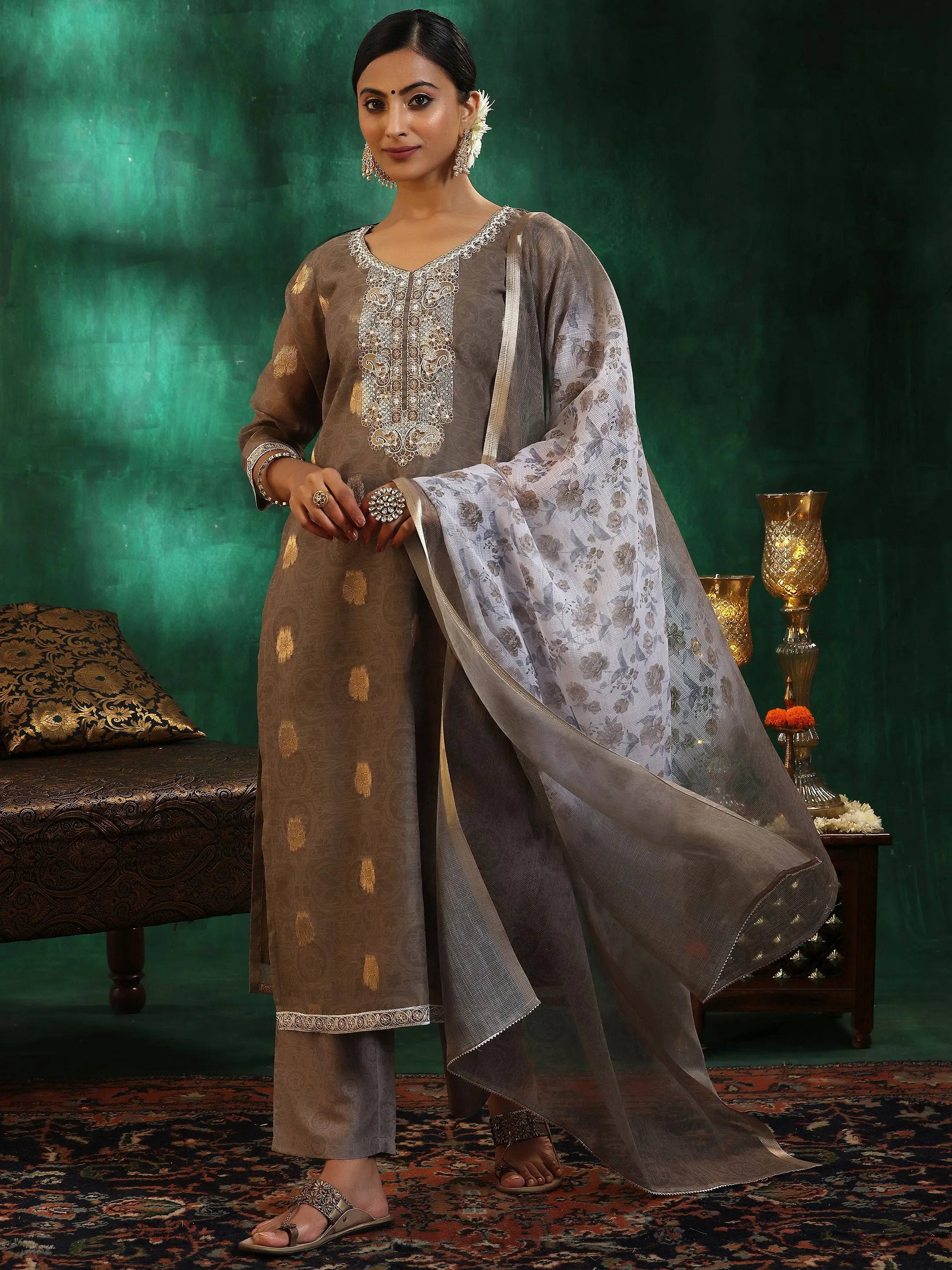 libas Green Woven Design Silk Blend Straight Suit With Dupatta-picture-62