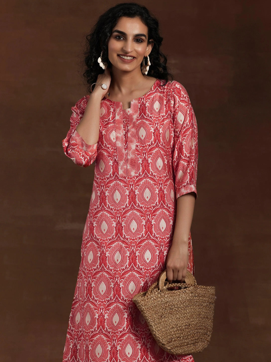 Peach Printed Silk Blend Straight Kurta Set - Libas 