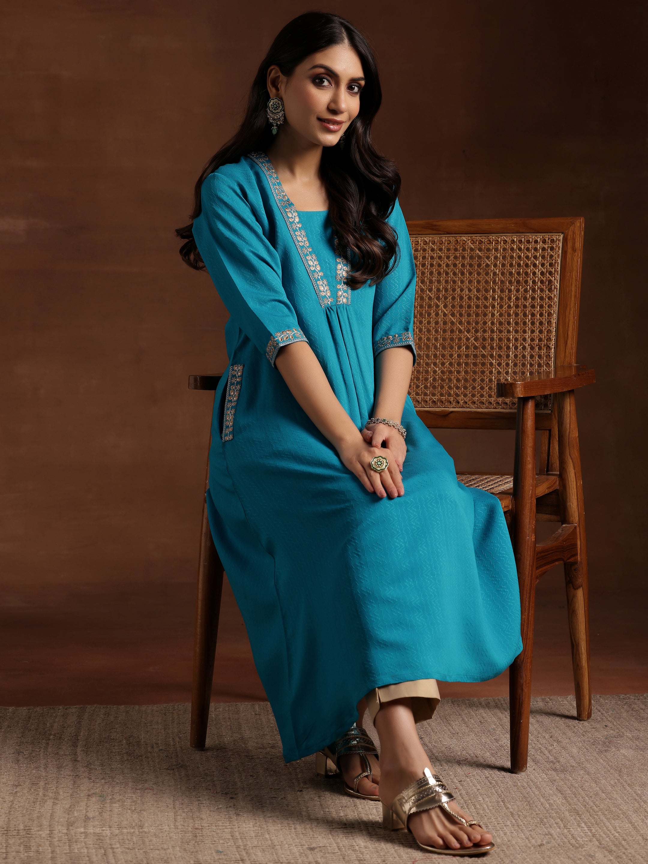 libas Blue Yoke Design Silk A-Line Kurta-picture-16