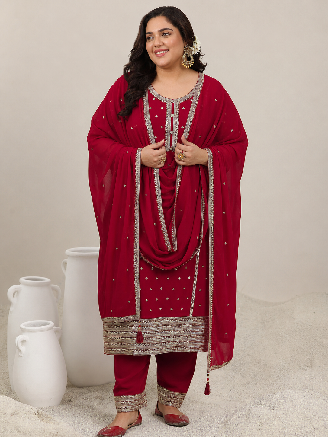 libas Plus Size Red Embroidered Georgette Straight Suit Set-picture-36