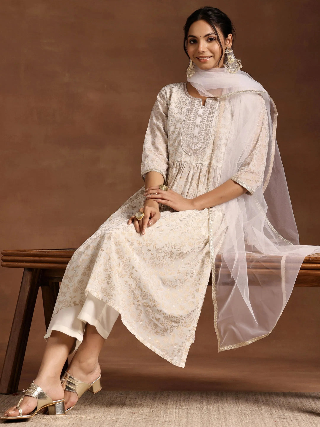  Off White Printed Georgette A-Line Suit With Dupatta 