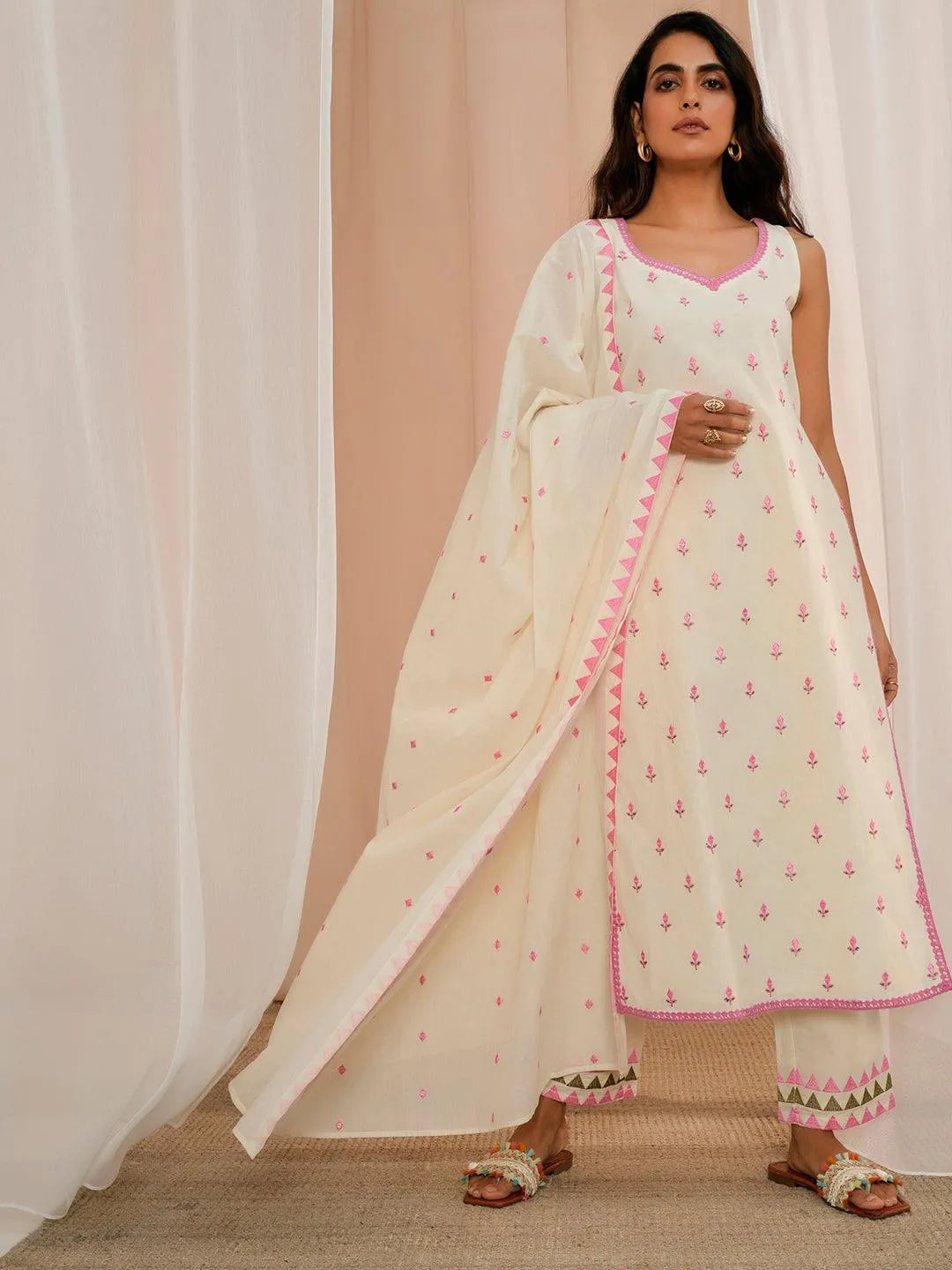 Off White Embroidered Cotton Straight Suit With Dupatta - Libas 