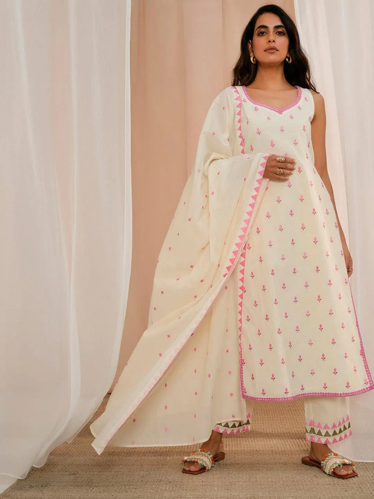 Libas Off White Embroidered Cotton Straight Suit With Dupatta