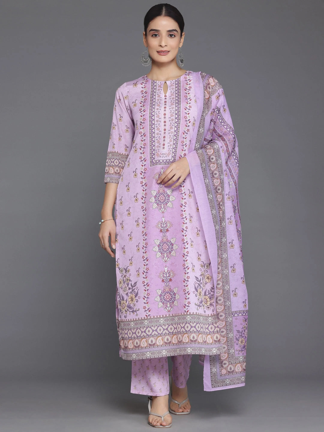 Pink Printed Poly Crepe Straight Suit With Dupatta - Libas 