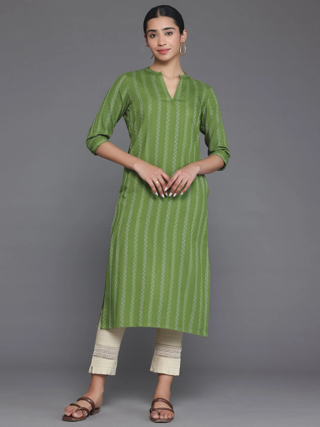 Green Striped Rayon Straight Kurta - Libas 