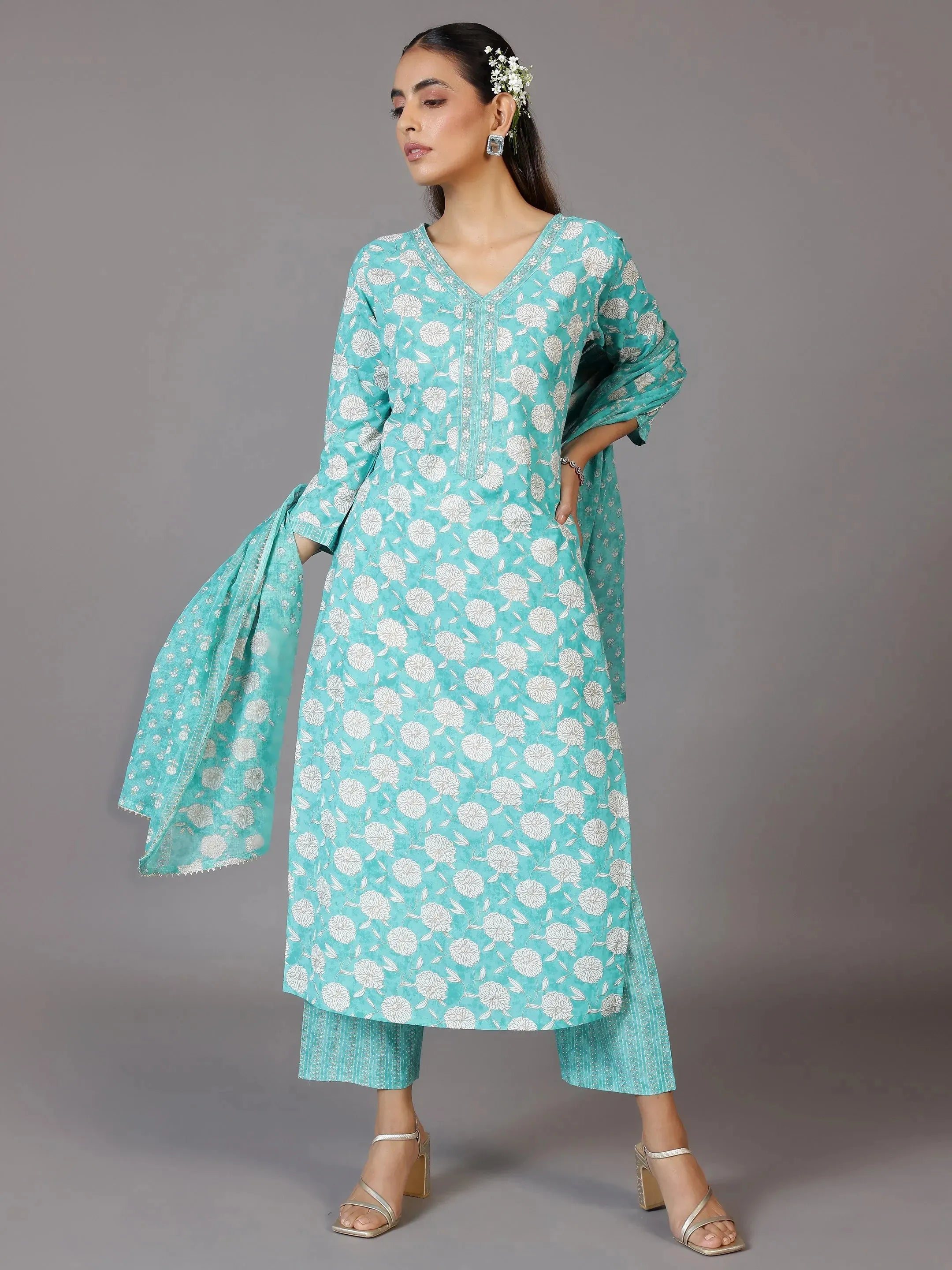 libas Turquoise Printed Cotton Straight Suit With Dupatta-picture-11